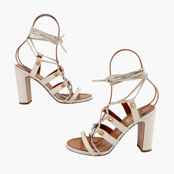 Valentino Garavani Rockstud White Lace Up Gladiator Sandals Heels Size 38 US 8 - Picture 7 of 16